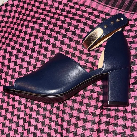 ASHRO Navy Blue Gold Shoes Womens Size 9 Chunky Heels Church Fancy Granny Style - Picture 11 of 13